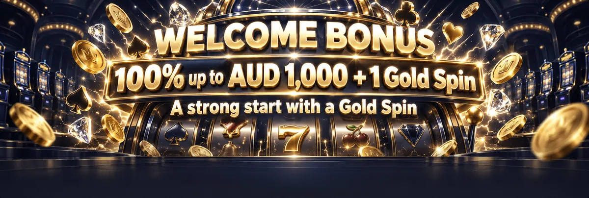 Glossy slot machine cabinet glowing in a dark arcade casino with reels, gems, sparks and a highlighted Gold Spin motif